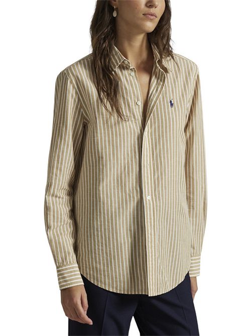 camicia donna in lino e cotone over a righe beige e bianco Ralph Lauren | 211971514501